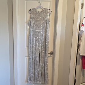 Bebe Silver Sleeveless Sequin Jumpsuit XL